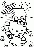 dla dziewczynek do wydruku kolorowanki hello kitty numer 20 - kotek z kwiatuszkiem w ręku, w tle wiatraczek i słoneczko